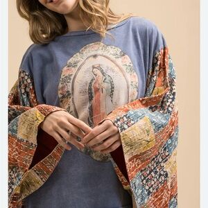 NWT Patchwork Kantha Lady of‎ Guadalupe Graphic Kimono Poncho Festival Top L/XL